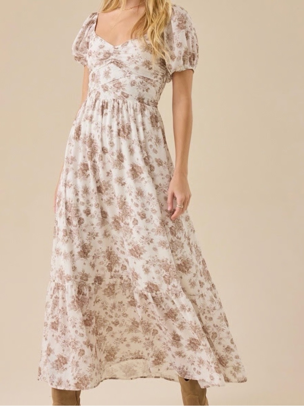 Altar’d State Sweetheart Neck Puff Sleeve Maxi Dress in Beige Floral